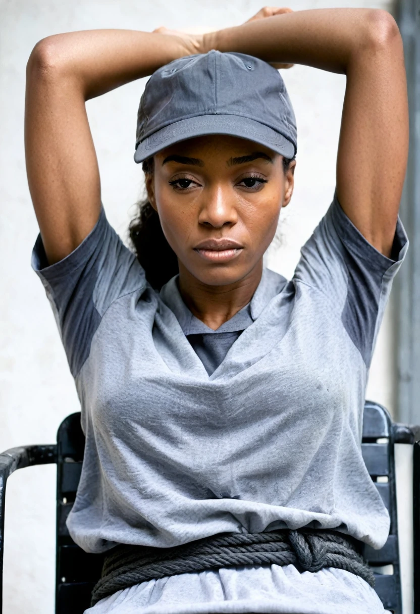 Closeup view of an outdoor skinny but athletic black female prisoner wearing a dark gray (CAP SLEEVE) shirt with poorly and unevenly cut sleeves. Her armpits are sweating badly. She is tied down to the restraint chair in prison, with her arms tied very high to the ceiling. She is in a situation where she is strapped down to a prison chair with her arms raised by a rope. She is also wearing very loose, flappy, dark gray prison shorts. capsleeves are very wide, leaving her armpit skin fold fully visible and exposed. Cap sleeves are designed to cover the shoulder but not extend fully over the arm, often ending just past the shoulder. In this case, the woman's cap-sleeve shirt is short enough that her armpits are visible. This could be due to the design of the shirt, or it could be a result of the pose she's striking. backlit