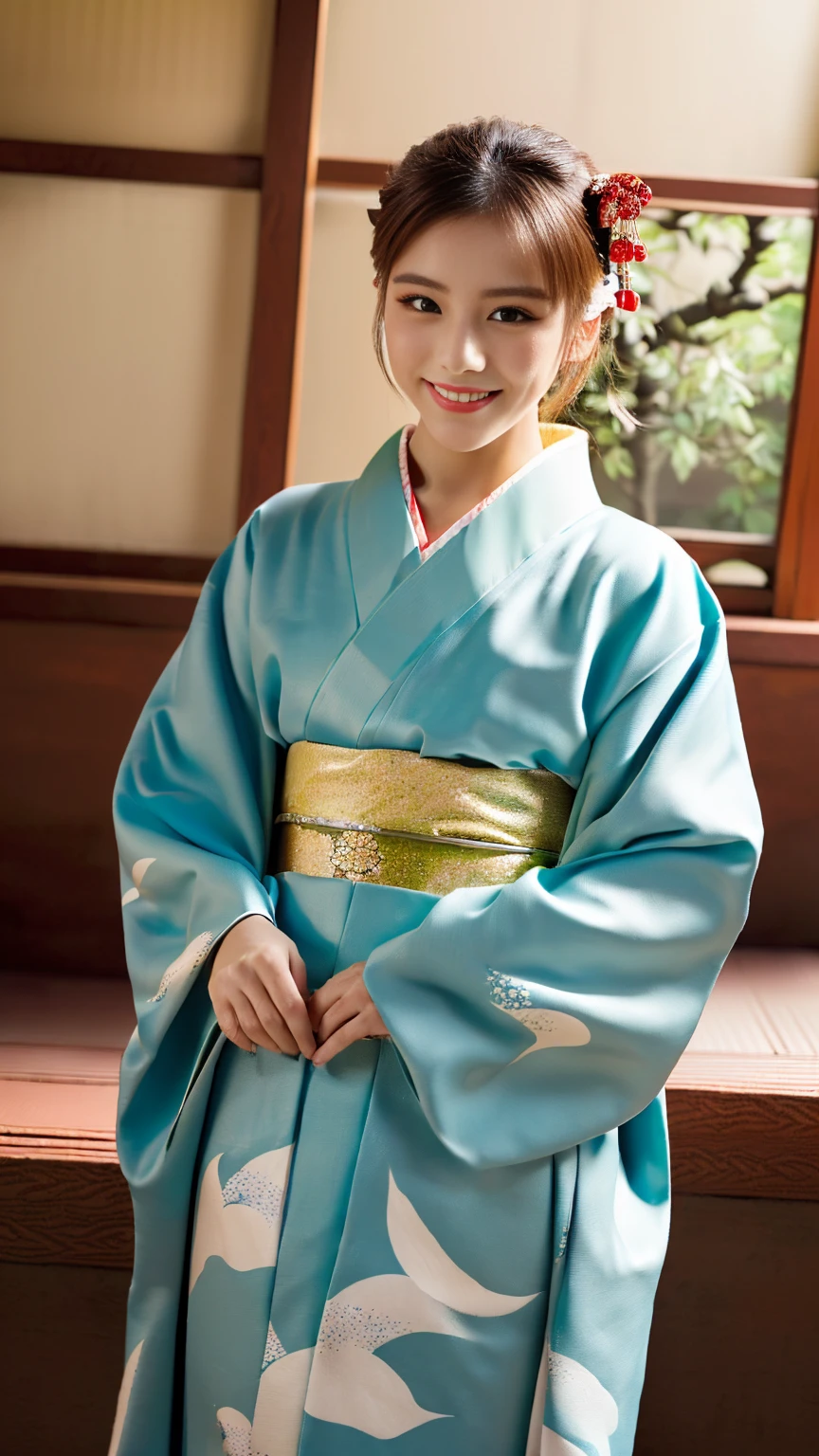(((Regular dressing:1.5))),(Surreal), (High resolution), (8K), (Very detailed), (Best illustrations), (Beautifully detailed and sparkling eyes), (Highest quality), (Very detailedな), (masterpiece), (wallpaper), (Detailed face), (Beautiful smile)、(Beautiful expression)、One female、Looking into the camera、((Glamorous Body))、(((Beautiful kimono、National treasure-class kimono,Thick kimono:1.5)))