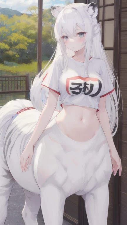 (best quality, masterpiece), 1 girl, centaur, It takes, White skin, Japanese female idol , exposing the abdomen,belly button t-shirt, 아름다운 소녀 perfect white tiger photo, perfect white tiger photo