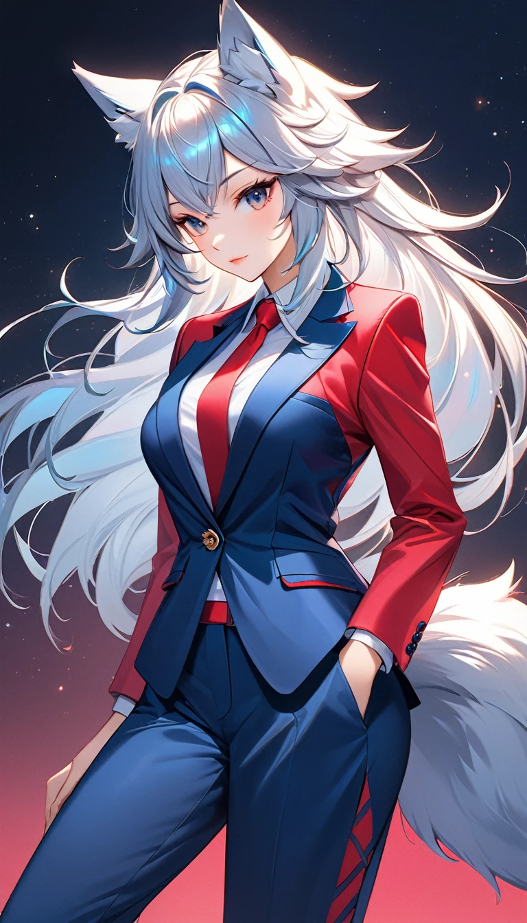 A stunningly detailed (((digital art piece))) inspired by the concept of High tech fantasy, featuring a (((anthro wolf goddess))) dressed in a sleek, red and blue power suit, poised in a confident pose, with a (((wolf tail))), exuding an air of sophistication and power, her face framed by an intricate, detailed suit, suggesting a playful, loving stance, as if to express the sentiment of being iridescently beautiful