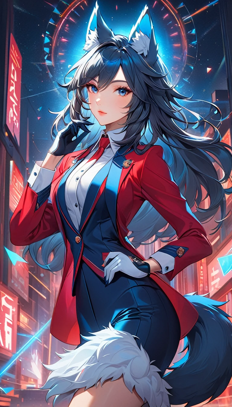 A stunningly detailed (((digital art piece))) inspired by the concept of High tech fantasy, featuring a (((anthro wolf goddess))) dressed in a sleek, red and blue power suit, poised in a confident pose, with a (((wolf tail))), exuding an air of sophistication and power, her face framed by an intricate, detailed suit, suggesting a playful, loving stance, as if to express the sentiment of being iridescently beautiful