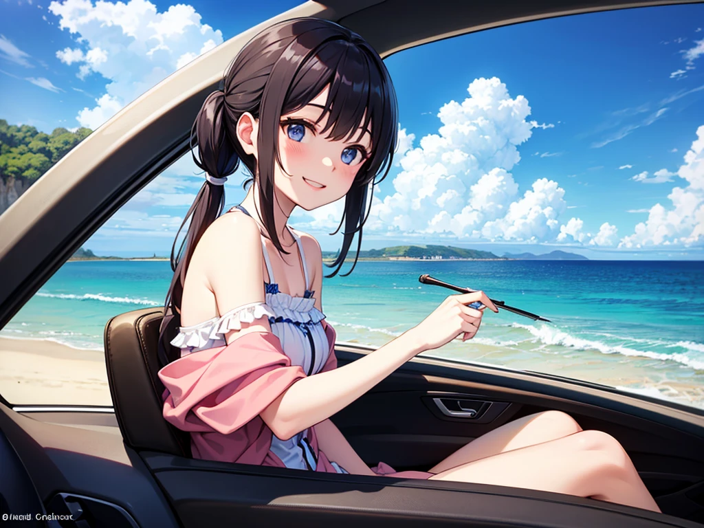 Light blue long hair、Beautiful girl with twin tails、Driving along the beach in a Porsche、blue sky、White cloud、Bright smile、Seaside scenery