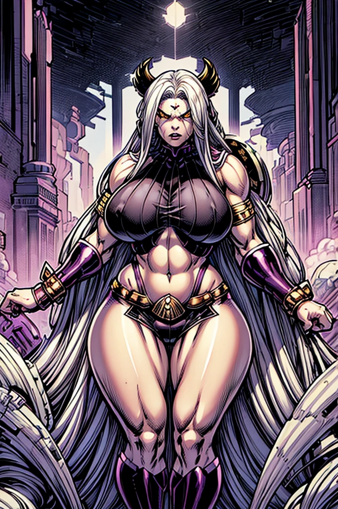 (High resolution, Pixels are perfect, luxurious illustration), (hyper quality, masutepiece, Ethereal: 1.4),(Solo:1.4), Black Dreadlocks, ((Long Dreadkocks)), (Yellow eyes), ((angry)), pale purple skin, (((((((Bulky))))))), ((thick thighs)), ((Huge breasts)), (((Woman))), ((((A MILF)))), ((nffsw_Chi_armor)), (Black Mink Cloak), (((wide hips))), ((greybackground)), (Shiny skin), ((Overexposure)),