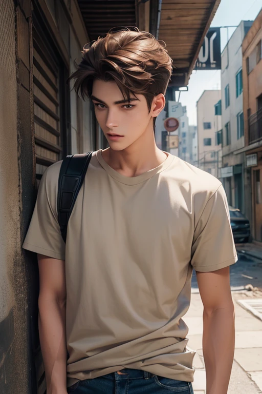 Anime guy, 21 years old, handsome, cuberpunk, neutral expression, with brown hair parted in middle, shoulder lengeth brown hair on right side of face, short brown haor smoothed towards back on the left side of face, yellow eyes, clay grey T-shirt, skinny ripped biker jeans, standing in abandoned city street