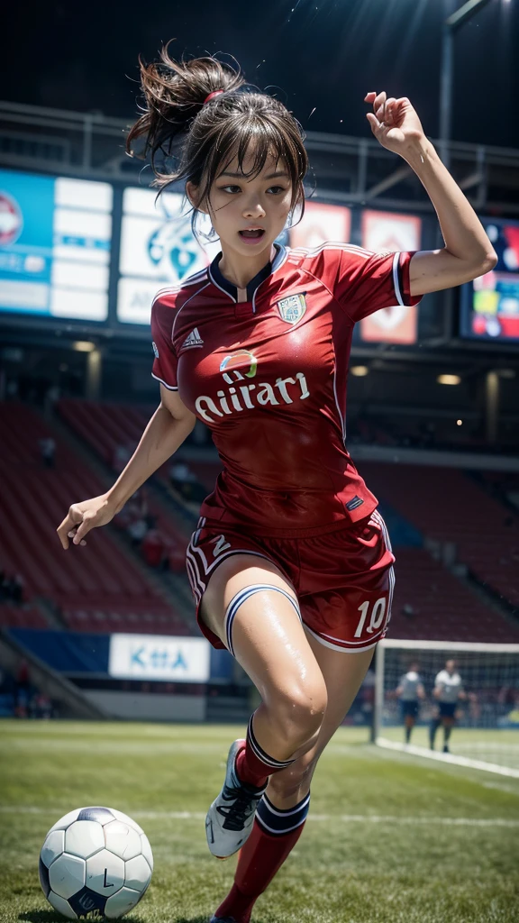 Highest quality, High resolution:1.2, Very detailed, Realistic:1.3, ((Beautiful woman))、((Super tight uniform))、((Big Breasts))、(((Soccer uniforms)))、Vibrant colors, play soccer,(Blunt bangs)、((short hair))、Different hair colors、With bangs、Wet Hair, concentrate, splash, Action Shots, Grass blotches, Muddy ground, Wet turf, decide, Fast-paced games, Athletic physique, Shiny soccer ball, Wet Uniform, raindrop, Blurred motion, ボールにconcentrateする, Intense competition, Skillful dribbling, Energetic play, Teamwork, powerful shoots, Wet pitch, Passionate sports, Humid atmosphere, Fluid movement, emotional expression、Dramatic lighting, Women's Sports, Avid athletes, Exciting Games, Endure, Excited state, Speed and agility, Energetic play, 濡れたsplash、smile、((Red Uniform))