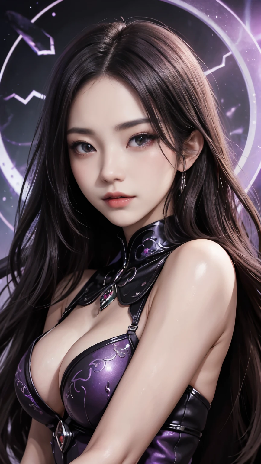 (masterpiece:1.2), High Resolution Body, fine grain, (sexy:1.1), (Deep Valley:1.3), (sexy bombshell:1.2), Female human, Dark Mage, Short white hair, Grey Eyes, (Dark and mysterious atmosphere), (Flowing black robe), (Magical symbol glowing on forehead:1.1), (An intricately carved magic wand), (Cast powerful spells), (Crackling purple energy), (sinister smile), (Ominous Purple Background), (Faint moonlight), (Surreal and magical lighting), (Watch the facial expression carefully), (Seductive and seductive gaze), (Complex makeup with emphasis on the eyes:1.1), (A delicate yet captivating glow), (Delicate and graceful movements), (An aura of power and confidence), (Create a magical shield), (Dark Energy Vortex), (Floating Magic Runes), (Ancient Mysterious Scroll), (Mystical energy spark), (Mysterious smoke and fog), (mysterious and attractive), (Powerful and attractive spells), (Controlling Shadows and Darkness), (Mysterious and intriguing personality), (Dramatic and dynamic poses), (Light and shadow contrast), (Depth and three-dimensionality of body and facial features), (Vivid and rich color palette), (Contrast between warm and cool colors), (very saturated、Bold colors), (Mysterious and magical atmosphere), (Unforgettable、Otherworldly beauty), (Inspire awe and wonder), (Elegance and strength), (The perfect balance between realism and fantasy).