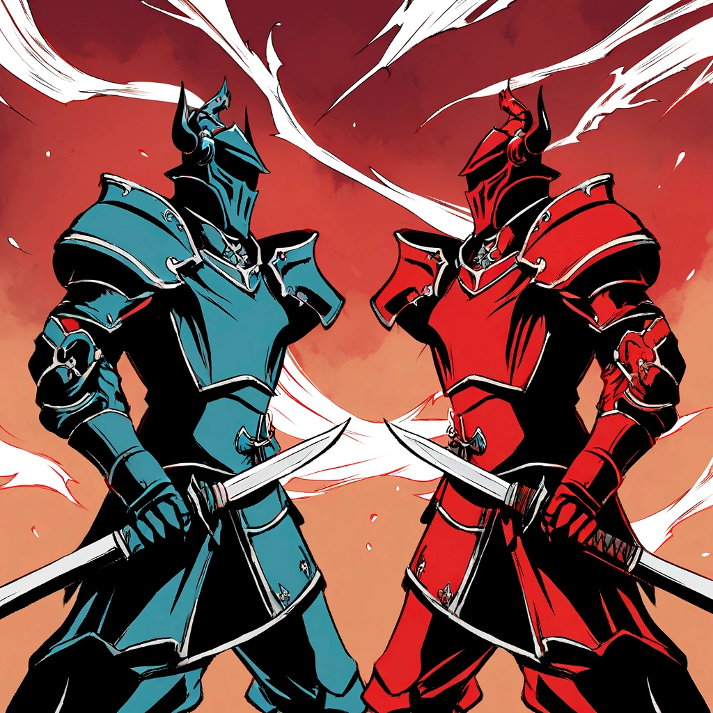 anime - style illustration of two knights with swords in front of a red background, style of duelyst, samurai duel, krenz cushart and artem demura, white and red armor, knights, dual swords, dark souls art style, wretched and corrupted knights, inspired by Kanō Hōgai