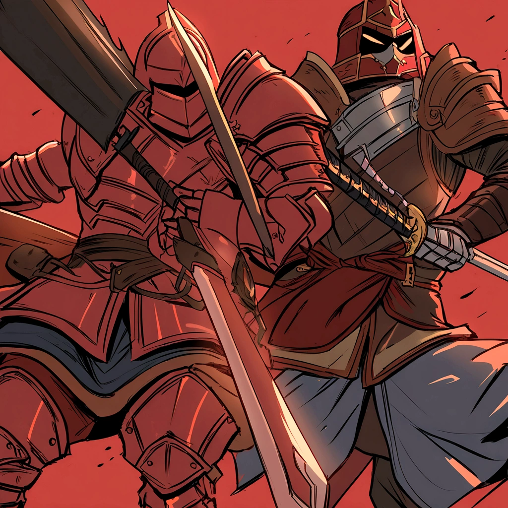 anime - style illustration of two knights with swords in front of a red background, style of duelyst, samurai duel, krenz cushart and artem demura, white and red armor, knights, dual swords, dark souls art style, wretched and corrupted knights, inspired by Kanō Hōgai