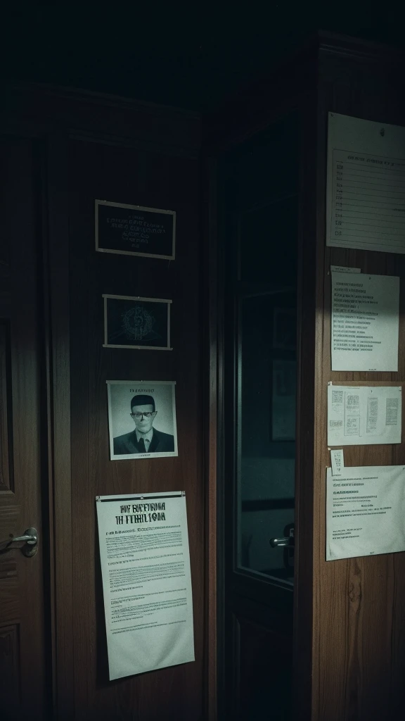 Cinematic, realistic film photography of a dark room with a board full of evidence about the Zodiac Killer, eerie and mysterious atmosphere