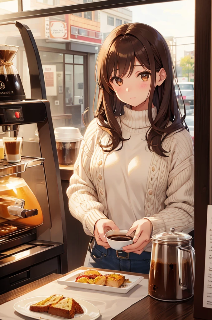 Shorthand, Depth of written boundary, Tabletop, Highest quality, One Girl, Brown Hair, Brown eyes, Long Hair, Coffee shop, alone, View your viewers, sweater girl ,田舎のCoffee shopでくつろぐ