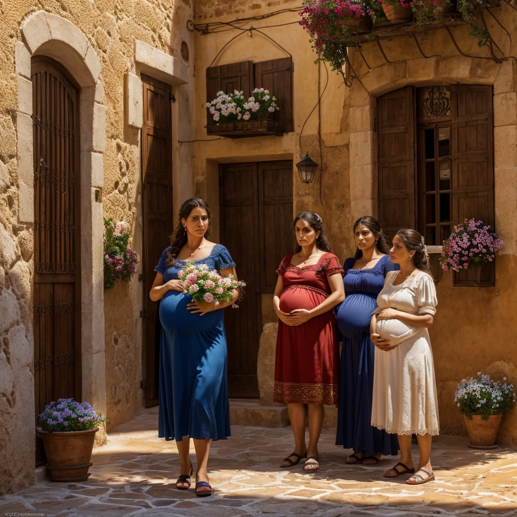 A three pregnant woman in a Spanish village, detailed eyes, beautiful detailed lips, extremely detailed eyes and face, long eyelashes, 2 other pregnant women, an angry old woman casting a curse, detailed traditional Spanish architecture, cobblestone streets, hanging flower baskets, blue sky, warm lighting, (best quality, 4k, 8k, highres, masterpiece:1.2), ultra-detailed, (realistic, photorealistic, photo-realistic:1.37), cinematic, dramatic lighting, chiaroscuro, vibrant colors, spanish colonial style