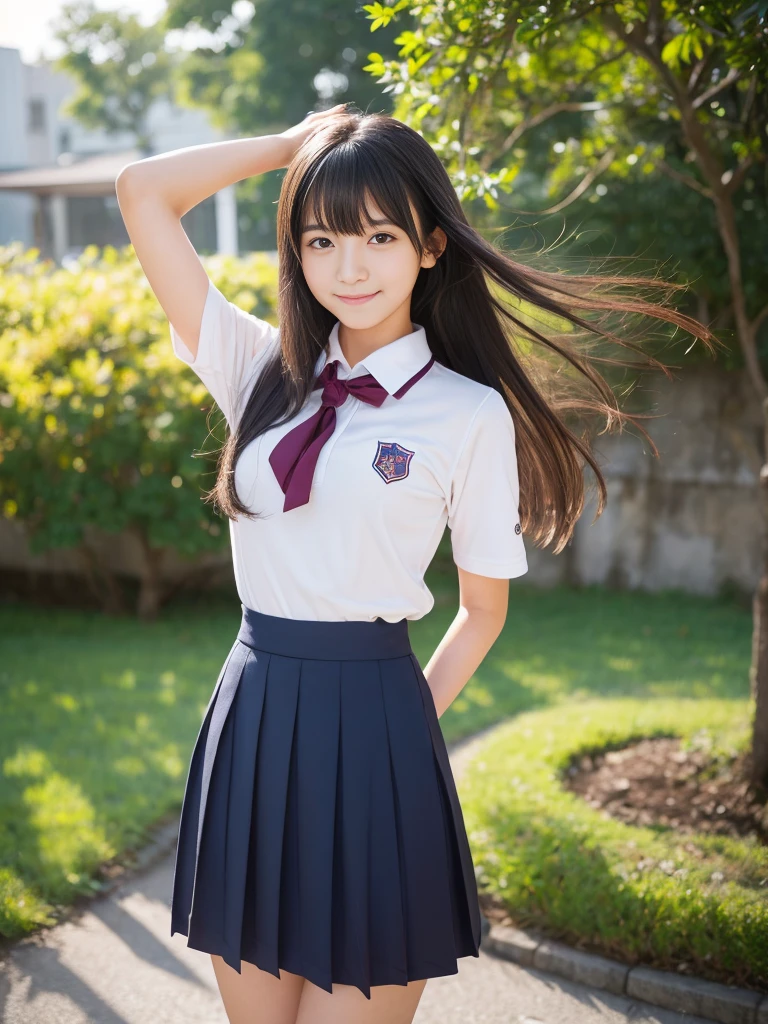 Highest quality、Portraiture、Japanese women、Genuine、1 person,,small,smile,(Aperture value F22,15mm value,ISO100 setting),8K quality,RAW Photos,Professional photography,Professional Lighting,((Hair swaying in the wind))、Young and radiant white skin、Shiny black hair、Smooth and fluffy semi-long hair、Hair tied with ribbons、((Flat Chest))、Shiny beautiful bangs、Clear, attractive dark brown eyes、Slim body、Best moment、small ass、whole body、(Japanese school gym uniform)、boost mood、Run at full speed、Hair swaying in the wind、Sweat gushing、Background blur、
