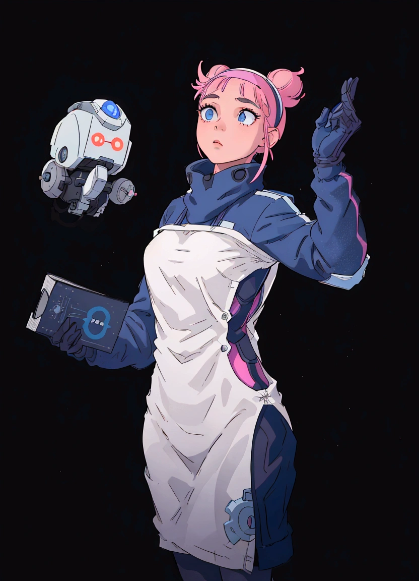 In the center of a black void, a young woman stands confidently. Her attire is a blend of futuristic and casual, with a white dress that contrasts against her blue gloves. A pink headband adds a pop of color to her ensemble. She holds a small robot in one hand and a book in the other, suggesting she might be an inventor or a student of technology. Her gaze is directed towards something outside the frame, perhaps indicating anticipation or focus on a task at hand.