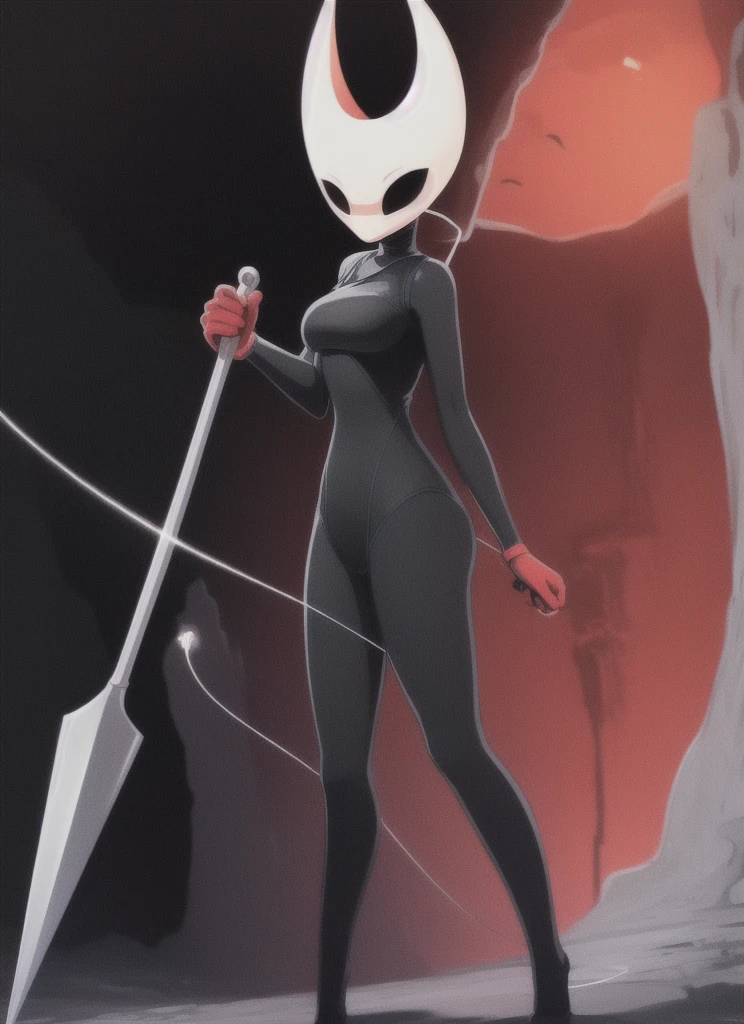 hornet, cute, chibi, no feet, furry female, anthro, needle weapon, thread, standing, solo, red bodysuit, skinny body,, big breasts, (best quality), (detailed dark cave background:1.2), looking at viewer, holding weapon, flat colors, 