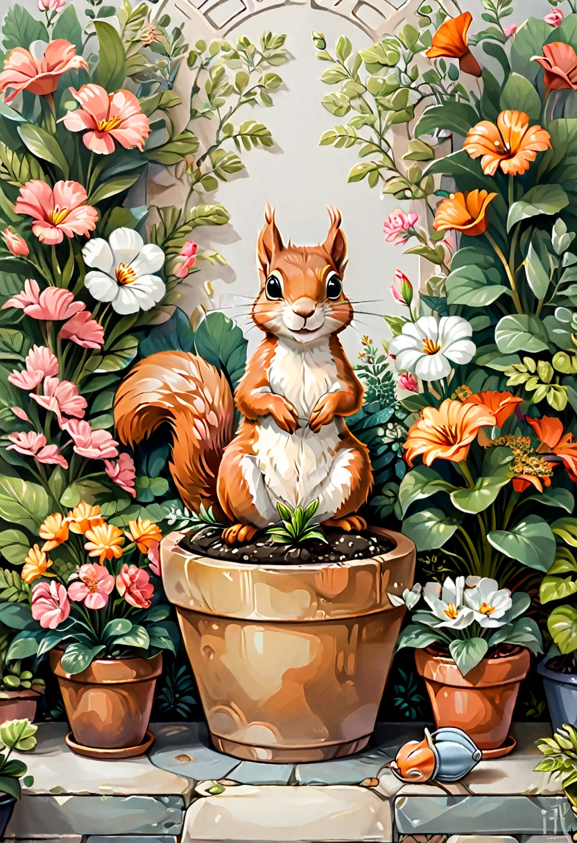 squirrel,traditional media, faux traditional media, enfoque ANIMAL,looking at the viewer, flower, nonhuman, ANIMAL, move, plant, enfoque ANIMAL, gardens, potted plants, flowers, (Masterpiece, Best Quality, professional, perfect composition, very aesthetic, absurdities, ultra detailed, intricate details:1.3)