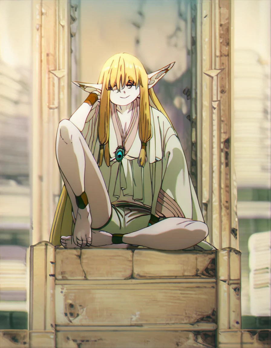 score_9, score_8_up, score_7_up, serie, long hair, blonde hair, pointy ears, yellow eyes, half-closed eyes, white robe, wide sleeves, white shorts, jewelry, anklet, bracelet, ear bar, ear piercing, stone throne, sitting, indian style, knee up, barefoot, leaning forward, ruins, indoors, too many books, grimoire, smile, depth of field, looking at viewer, from below