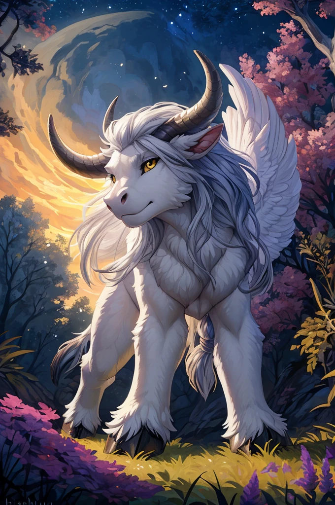 ultra-detailed, masterpiece, masterwork, high quality, best quality, hdr, (nature, night), posted on e621, (by hioshiru), nsfw, female, solo, (little white body minotaur), hairy dragon, (white body, little tits), (long silver hair, yellow eyes), standing, from below, dynamic angle