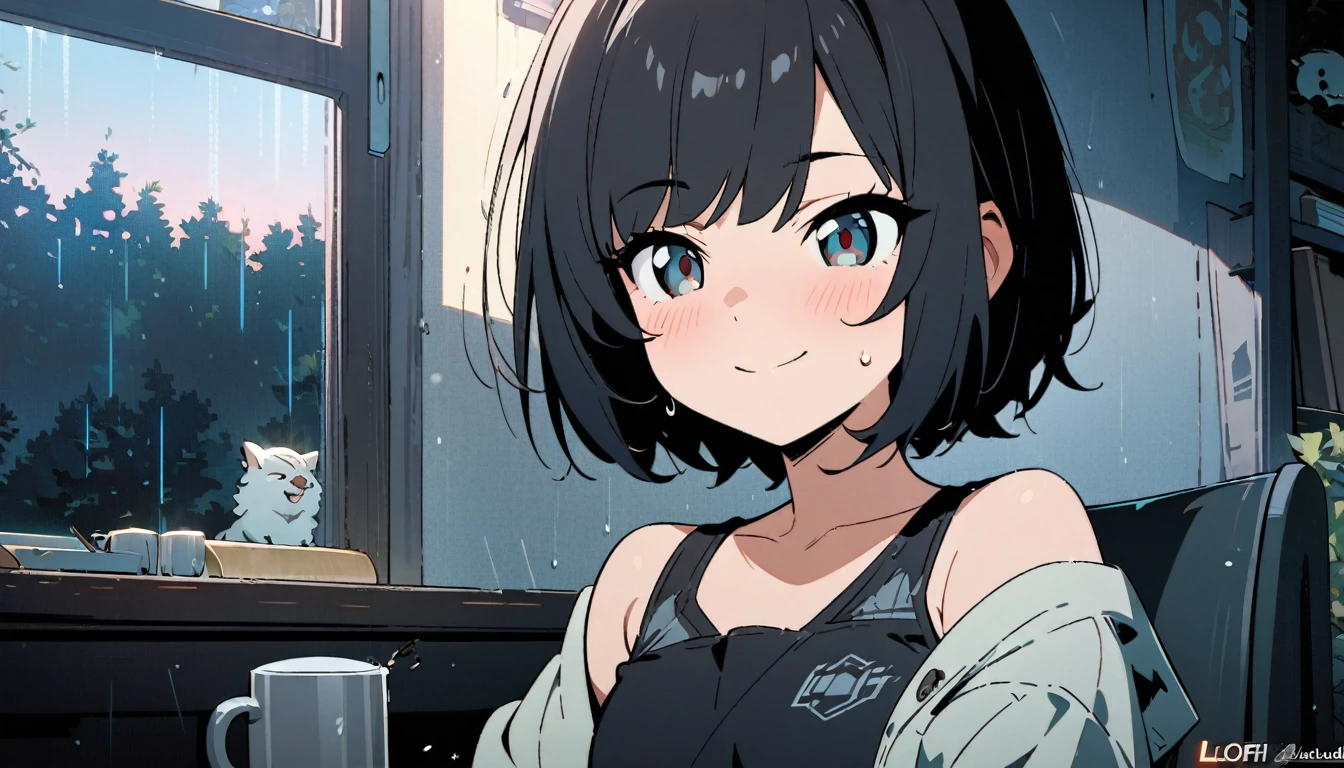 1girl, solo, gentle smile on her face flat chest, short hair, black hair, upper body, ((masterpiece, illustration, best quality)) ((best quality)), ((masterpiece)), ((lo fi music for study: 1.3) +(japanANDsAND aANDsthANDtic: 1.1))AND(auto-ANDstudo:0.9),minimalistic, AmbiANDntAND, corANDs silANDnciadas,pANDacANDful, RANDlaxANDd, aconchANDgantAND,Tranquil,ritmo lANDnto,conducivAND for concANDntration,rANDconfortantAND, night timAND, livro abANDrto, coffANDAND cup, dANDsk lamp, light rain outsidAND,ANDstudantAND, fonANDs dAND ouvido ,lANDitura, productive,Nanakusa Nazuna