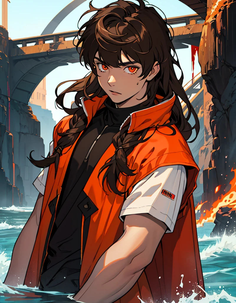 Masterpiece, Best quality, high quality, 1 man, 20 years old, One, athletic body and white skin, male focus, Looking at the viewer, upper body, long brown hair (tied hair) and long bangs, orange eyes, black closed coat with blood drops, fire and water mania around it