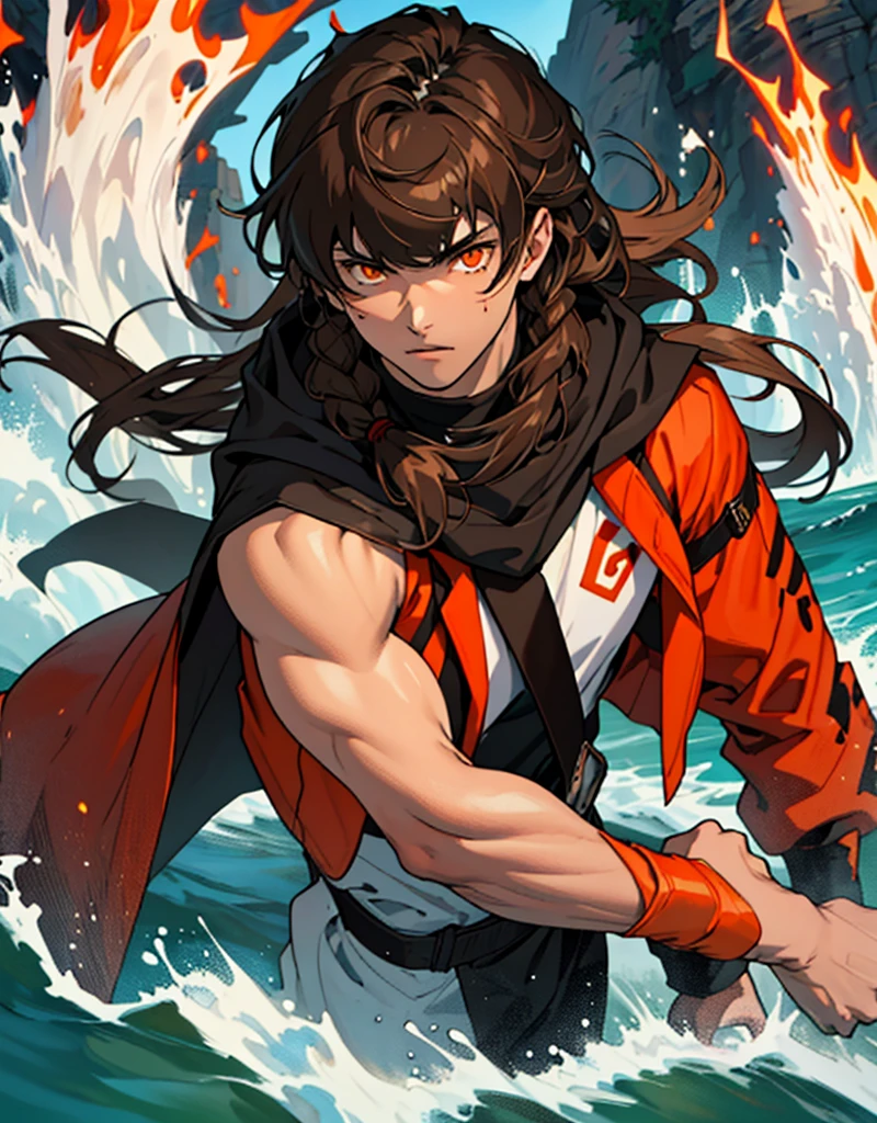 Masterpiece, Best quality, high quality, 1 man, 20 years old, One, athletic body and white skin, male focus, Looking at the viewer, upper body, long brown hair (tied hair) and long bangs, orange eyes, black closed coat with blood drops, fire and water mania around it