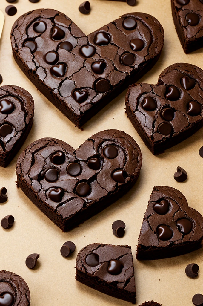 Photograph of heart-shaped brownies, chocolate chips and cannabis leaves, from afar and at a 90 degree angle