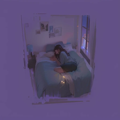 there is a woman laying in bed with a pillow on it, someone sits in bed, someone in home sits in bed, blurry and dreamy illustration, 3 am, 3am, mood painting, calm night. digital illustration, on my bed, sitting on a bed, sitting on the bed, sitting in her room, in a bedroom, blurred and dreamy illustration