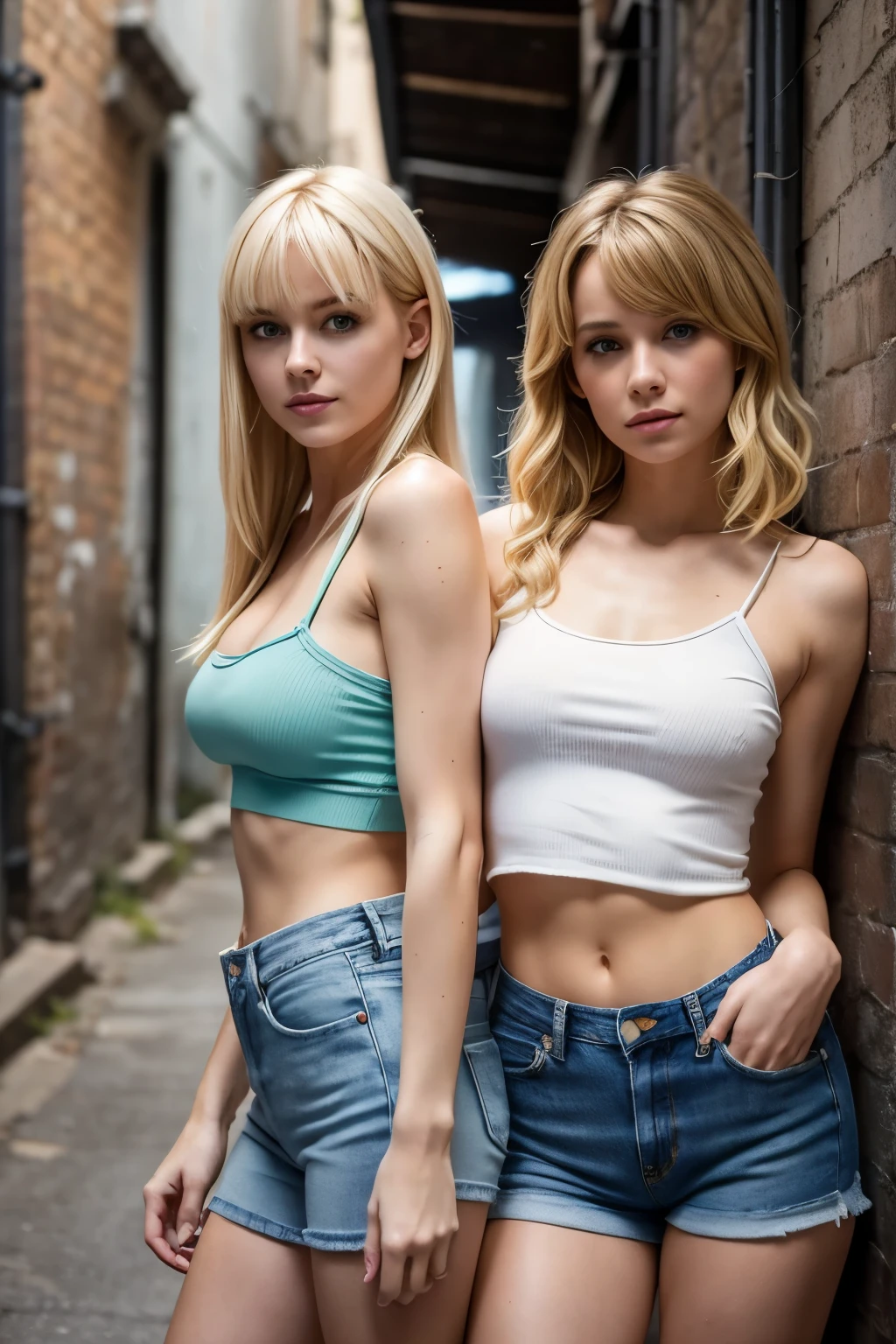 Blonde woman sitting on a park bench. She is wearing short and ripped denim shorts and white shirt. She's using earrings.
