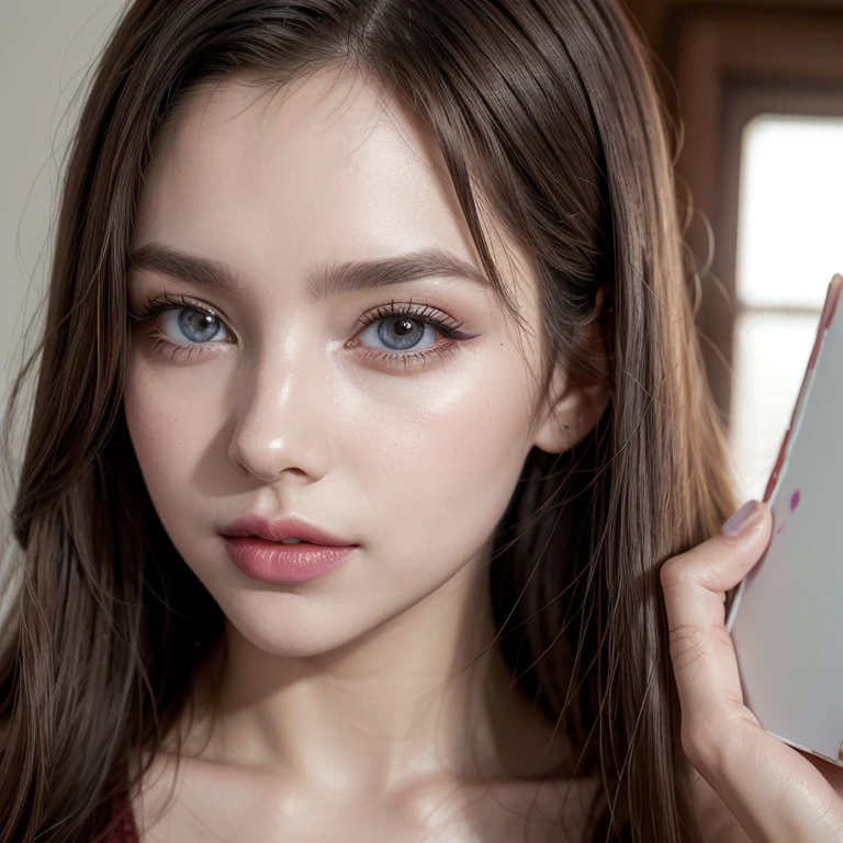 Beautiful woman paints her lips with lipstick. Beautiful woman face, fine-details, high qualiy, high qualiy. Clear, true colors