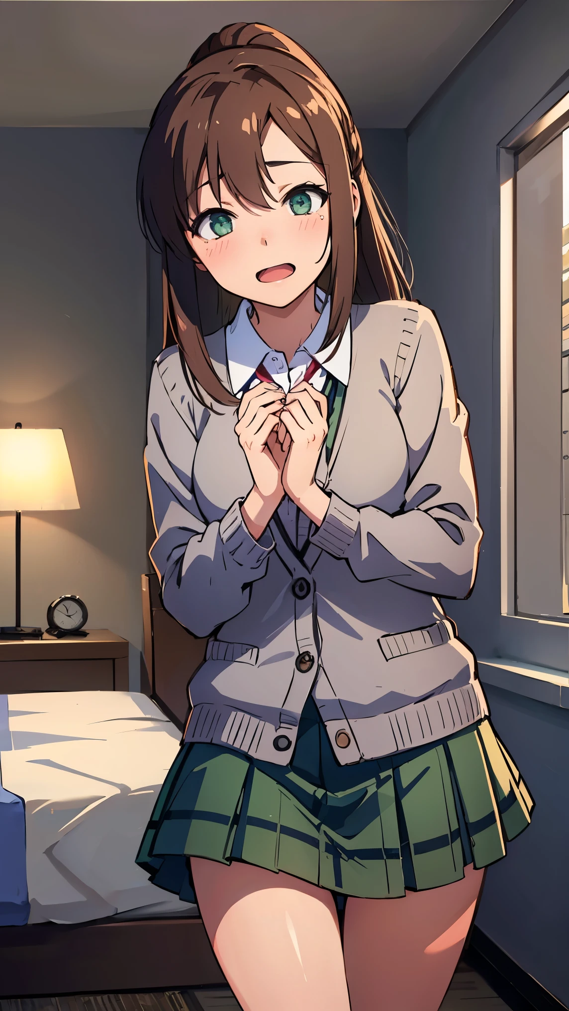 an1, brown eyes, ponytail, 
BREAK (collared shirt, grey cardigan, plaid skirt, green skirt:1.2),
BREAK bedroom, looking at you, closed eyes, screaming, blush,
BREAK (masterpiece:1.2), best quality, high resolution, unity 8k wallpaper, (illustration:0.8), (beautiful detailed eyes:1.6), extremely detailed face, perfect lighting, extremely detailed CG, (perfect hands, perfect anatomy),