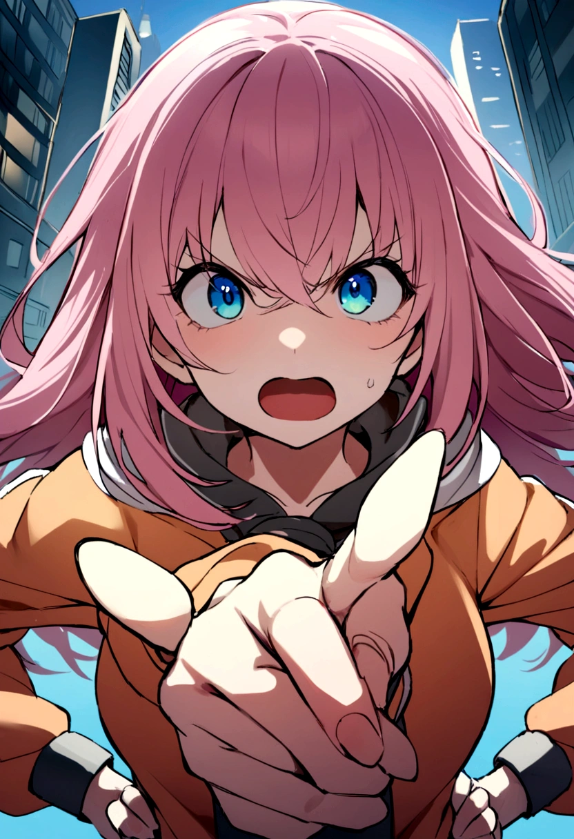 A city girl with pink hair、Middle wind、abuse、Get angry、Hands on hips、Upper body close-up、Pointing the finger at someone、Open your mouth