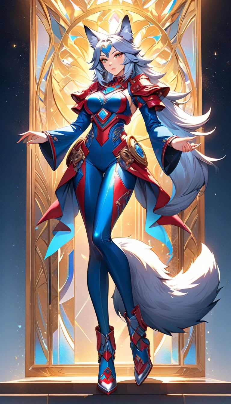 A stunningly detailed (((digital art piece))) inspired by the concept of High tech fantasy, featuring a (((anthro wolf goddess))) dressed in a sleek, red and blue power suit armor, poised in a confident pose, with a (((wolf tail))), exuding an air of sophistication and power, her face framed by an intricate, detailed suit, suggesting a playful, loving stance, as if to express the sentiment of being iridescently beautiful