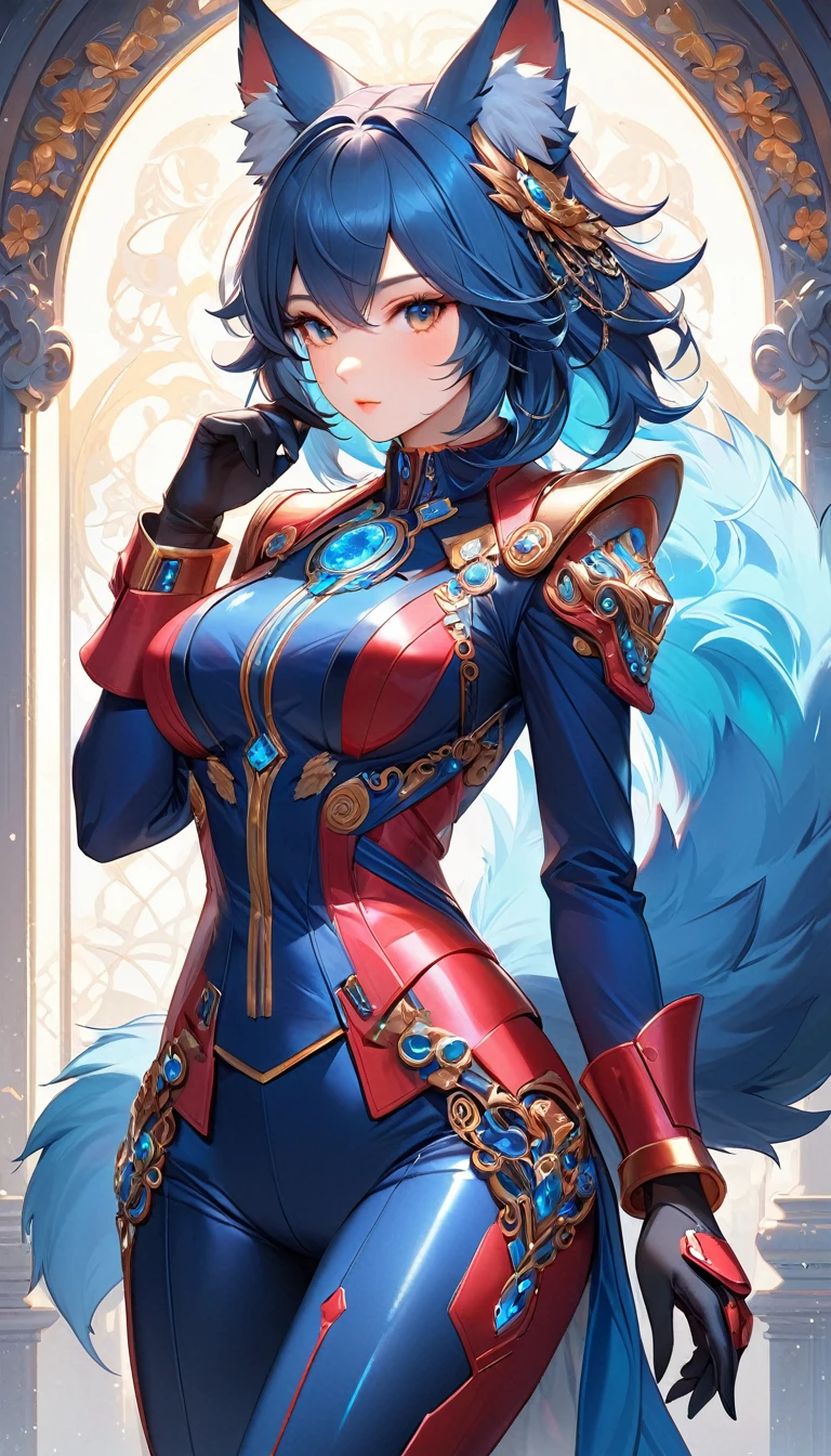 A stunningly detailed (((digital art piece))) inspired by the concept of High tech fantasy, featuring a (((anthro wolf goddess))) dressed in a sleek, red and blue power suit armor, poised in a confident pose, with a (((wolf tail))), exuding an air of sophistication and power, her face framed by an intricate, detailed suit, suggesting a playful, loving stance, as if to express the sentiment of being iridescently beautiful