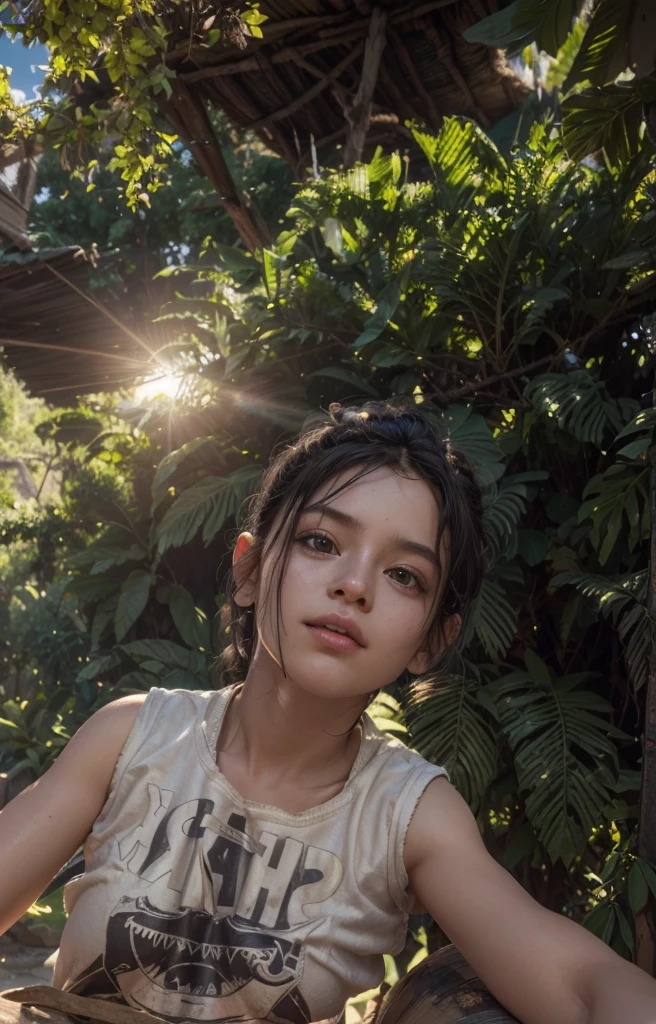(Extremely detailed CG 8k unity wallpaper, work of art, best qualityer, ultra detali), (oculto nas sombras, light shining on her face), unsmooth skin, Bblack hair, (Youngh), from front view, (shanty town, dirty river) No fundo.
