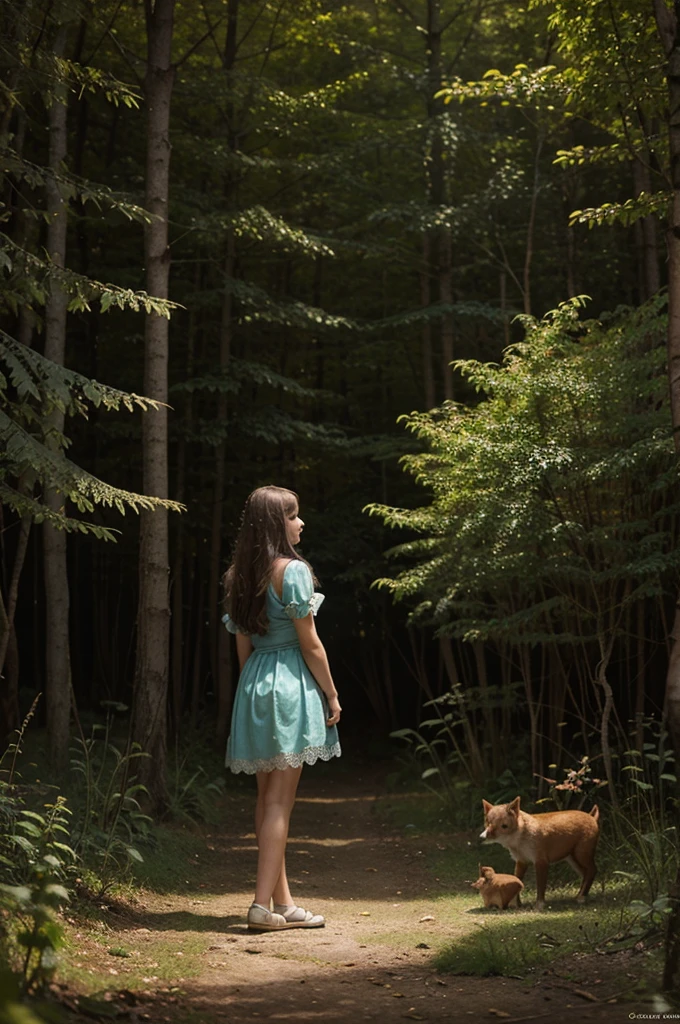 Illustration for a fairy tale about a girl, standing in the forest, who can talk to animals