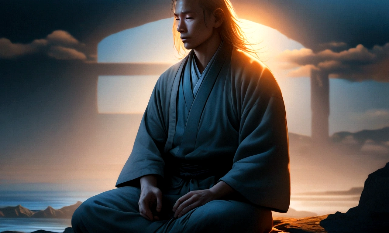 male, Middle aged samurai meditating outdoors, Fluttering hair on blurred background、Moonlit Landscape、 (First Job) (8K high resolution) (Better Quality) (Ultra high definition) (Surreal)(RAW Photos) (Realistic photos) (Bright lighting)Image size 1280X768 
