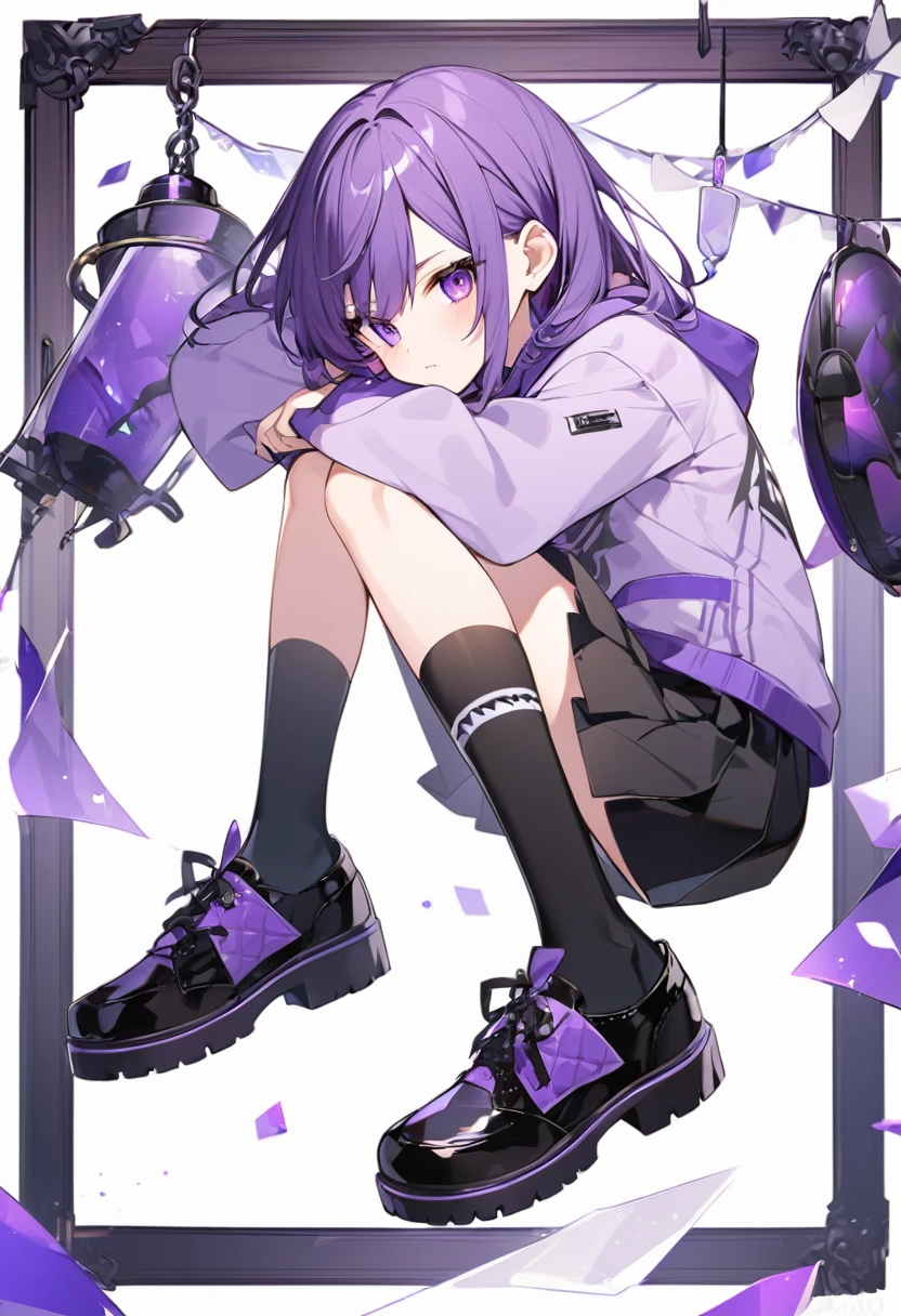 Keito。Purple Eyes。Purple Hair。Purple hoodie。Black Skirt。Black shoes下。Black shoes。