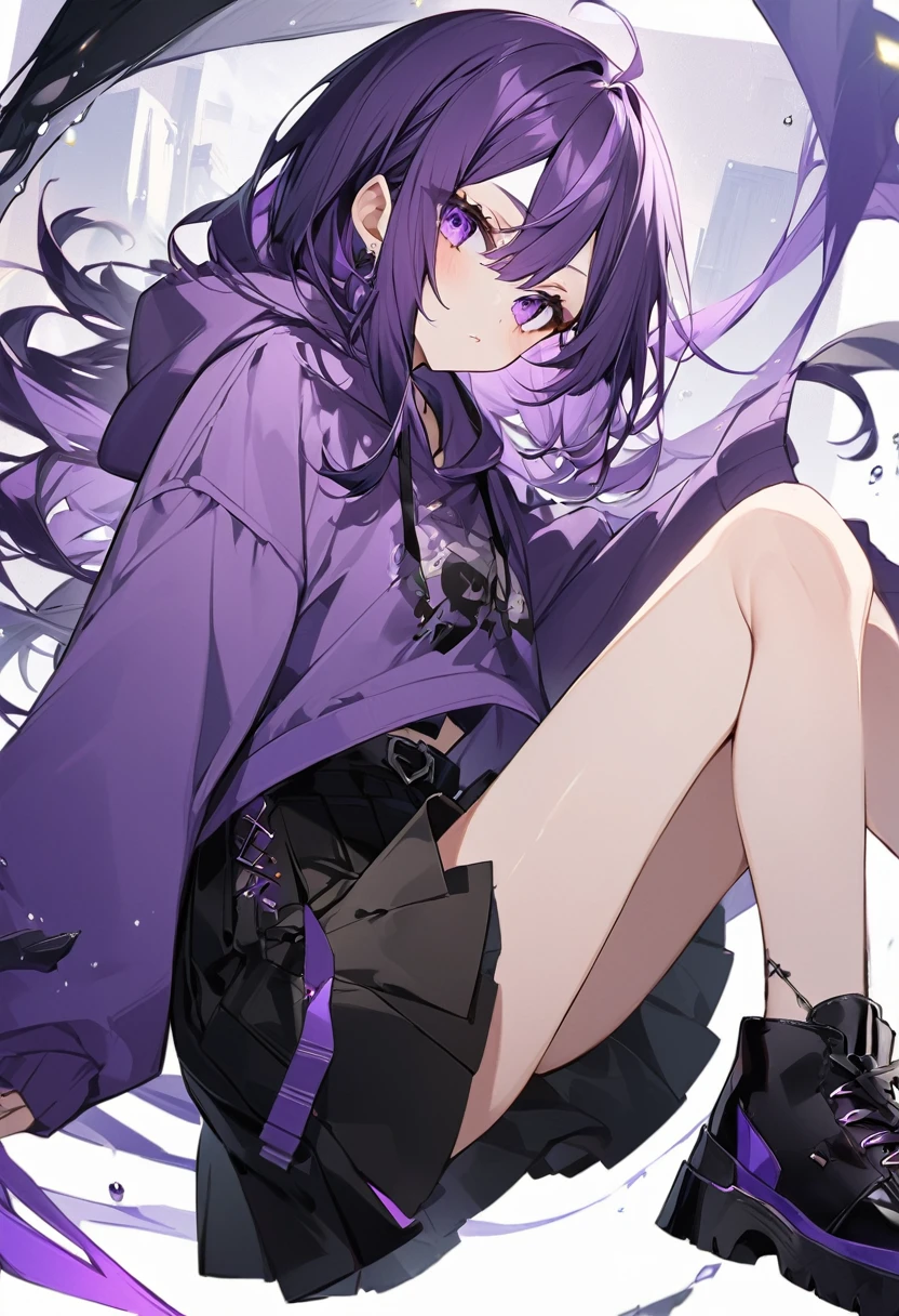 Keito。Purple Eyes。Purple Hair。Purple hoodie。Black Skirt。Black shoes下。Black shoes。