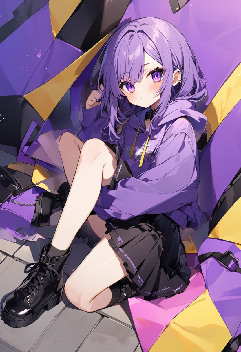 Keito。Purple Eyes。Purple Hair。Purple hoodie。Black Skirt。Black shoes下。Black shoes。