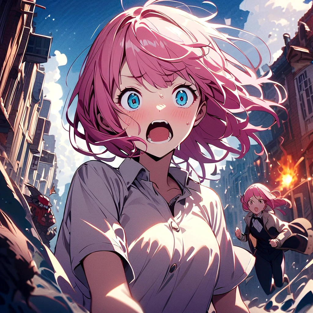 Girl with pink hair、Surprised、fear、Mouth half open、With eyes wide open、I'm horrified、Run away、Sweat、Run away from monsters
