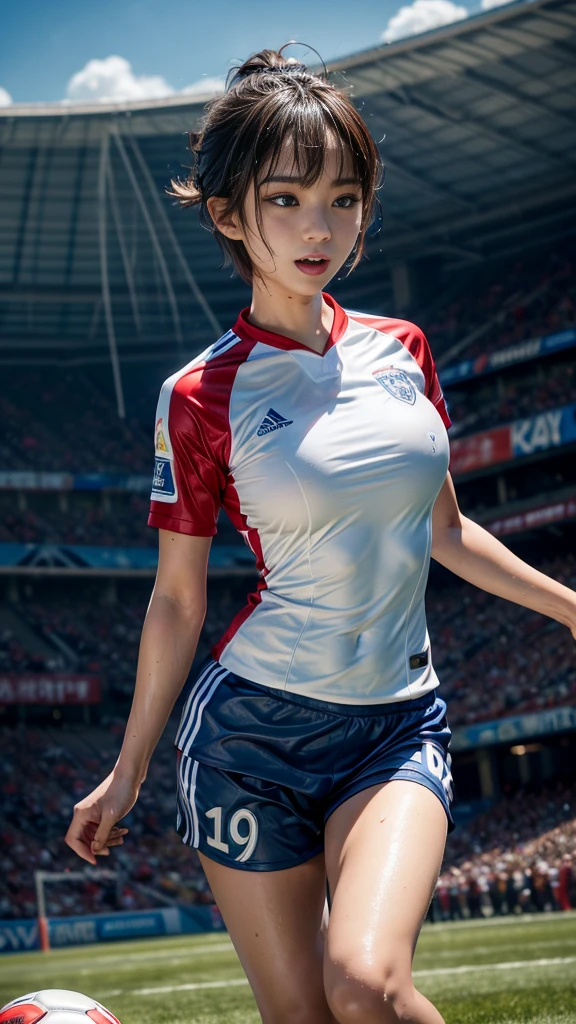 Highest quality, High resolution:1.2, Very detailed, Realistic:1.3, ((Beautiful woman))、((Super tight uniform))、((Big Breasts))、(((Soccer uniforms)))、Vibrant colors, play soccer,(Blunt bangs)、((short hair))、Different hair colors、With bangs、Wet Hair, concentrate, splash, Action Shots, Grass blotches, Muddy ground, Wet turf, decide, Fast-paced games, Athletic physique, Shiny soccer ball, Wet Uniform, raindrop, Blurred motion, ボールにconcentrateする, Intense competition, Skillful dribbling, Energetic play, Teamwork, powerful shoots, Wet pitch, Passionate sports, Humid atmosphere, Fluid movement, emotional expression、Dramatic lighting, Women's Sports, Avid athletes, Exciting Games, Endure, Excited state, Speed and agility, Energetic play, 濡れたsplash、smile、((Red Uniform))