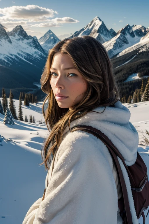 Jessica Biel, ((master piece)),best quality, illustration, dark, 1girl, In the wilderness,High mountain,Snow-capped mountains in the distance, castle, beautiful detailed eyes, beautiful detailed hair,