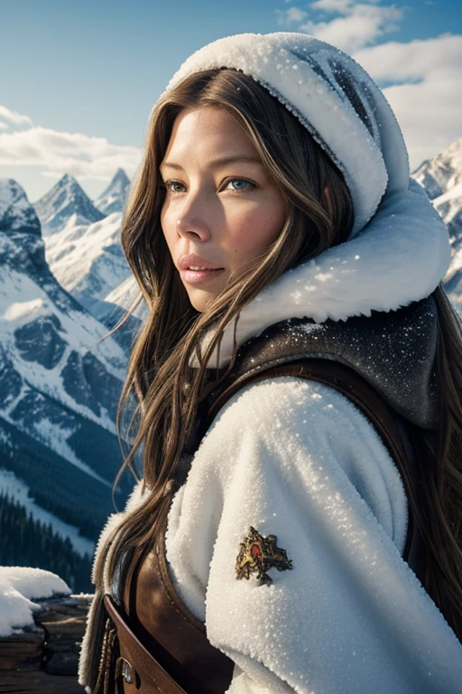 Jessica Biel, ((master piece)),best quality, illustration, dark, 1girl, In the wilderness,High mountain,Snow-capped mountains in the distance, castle, beautiful detailed eyes,  beautiful detailed hair,