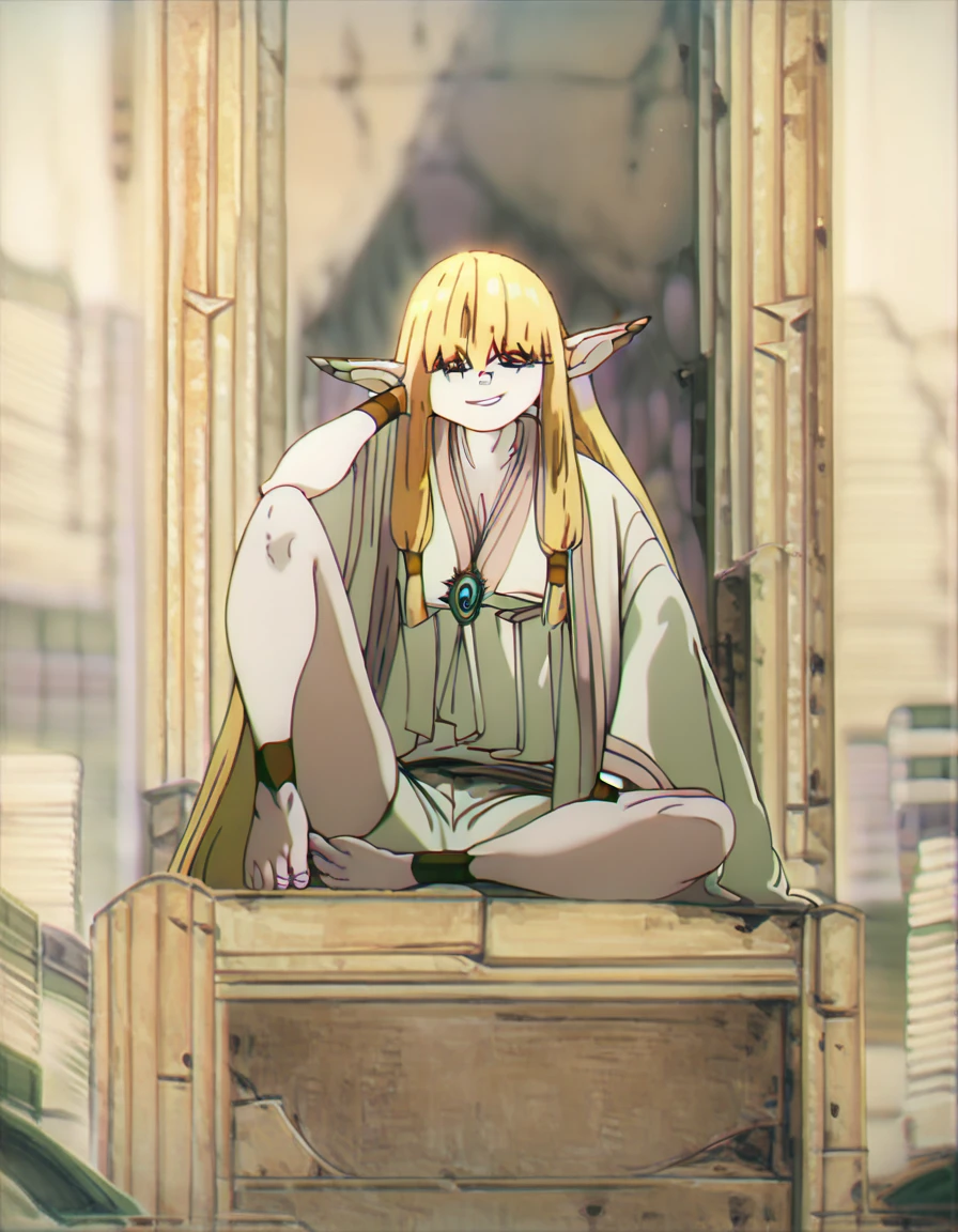 score_9, score_8_up, score_7_up, serie, long hair, blonde hair, pointy ears, yellow eyes, half-closed eyes, white robe, wide sleeves, white shorts, jewelry, anklet, bracelet, ear bar, ear piercing, stone throne, sitting, indian style, knee up, barefoot, leaning forward, ruins, indoors, too many books, grimoire, smile, depth of field, looking at viewer, from below