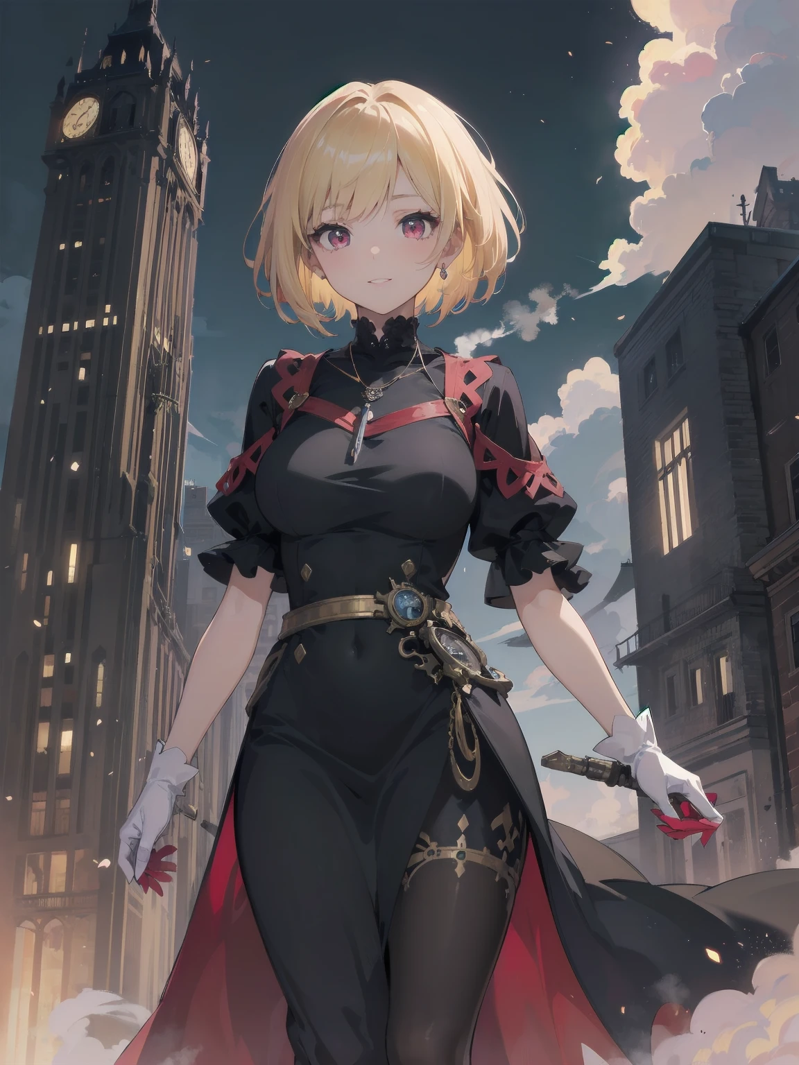 (masterpiece:1.2), (Highest quality:1.2), Ultra-high resolution, Very detailed, BREAK, ((Anime girl standing with happiness in her hands)), Clear Girl, (1 person,Lolita,boyish, 6 years old:1.3), A light smile, , girl who looks like a boy, Bob cut hair, ((Blonde Hair)), Messy Hair, Super huge breasts overflowing with soft fat mass、Waistline、Slender body, Small Ass, Small red eyes,Fine and beautiful eyes, Well-proportioned iris and pupil, Expressive eyes, Beautiful and detailed lips, High resolution detailed hair, Perfect Eyes, Perfect Face, ultra high density skin, Full Finger, Perfect lighting, break, ((Purple Necklace)), ((Black and red luxury dress:1.3)), light green tie, Sparkling Sapphire, Lady, Wear white gloves, BREAK, (steampunk), Castle balcony, Skyscraper, Night view, Equipment, (Steam spewing out from :1.2), Fantasy, BREAK, ((Positive:1.3)), BREAK, Digital anime art,Anime style illustrations,Anime illustration