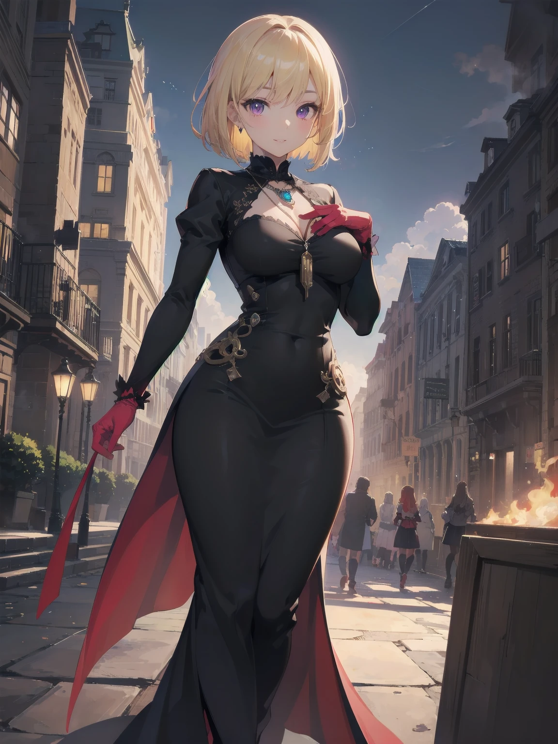 (masterpiece:1.2), (Highest quality:1.2), Ultra-high resolution, Very detailed, BREAK, ((Anime girl standing with happiness in her hands)), Clear Girl, (1 person,Lolita,boyish, 6 years old:1.3), A light smile, , girl who looks like a boy, Bob cut hair, ((Blonde Hair)), Messy Hair, Super huge breasts overflowing with soft fat mass、Waistline、Slender body, Small Ass, Small red eyes,Fine and beautiful eyes, Well-proportioned iris and pupil, Expressive eyes, Beautiful and detailed lips, High resolution detailed hair, Perfect Eyes, Perfect Face, ultra high density skin, Full Finger, Perfect lighting, break, ((Purple Necklace)), ((Black and red luxury dress:1.3)), light green tie, Sparkling Sapphire, Lady, Wear white gloves, BREAK, (steampunk), Castle balcony, Skyscraper, Night view, Equipment, (Steam spewing out from :1.2), Fantasy, BREAK, ((Positive:1.3)), BREAK, Digital anime art,Anime style illustrations,Anime illustration