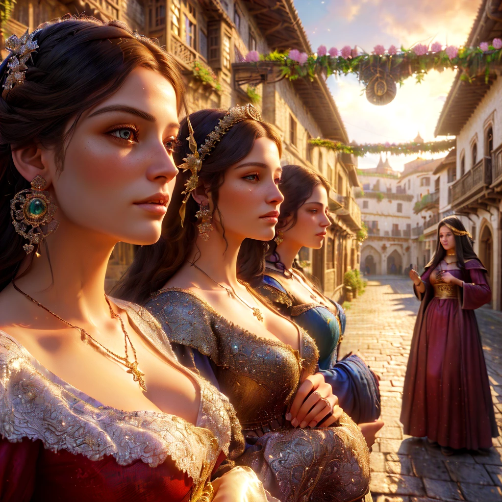 three women in medieval costumes standing in a street with a woman in a long dress, fantasy style 8k octane rendering, High-quality, detailed artwork in 8K, rendering of mirabel madrigal, realistic fantasy rendering, realistic painting of spanish woman, cheval michael (engine unreal, alena aenami and lilia alvarado, highly detailed cgsociety, beautiful digital art