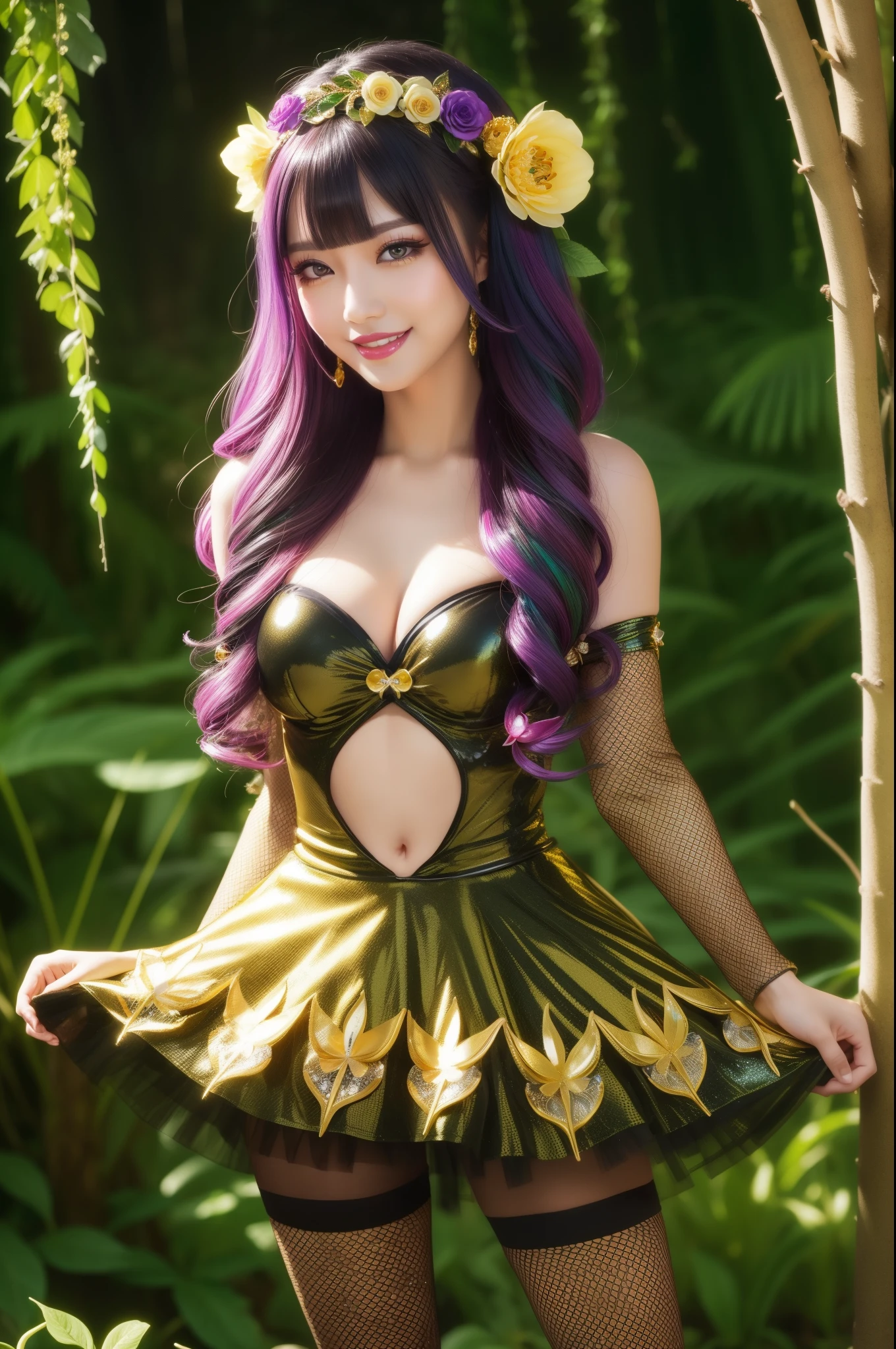 sexy golden princess who controls poison、beautiful smile、lipgloss、long lashes、intense makeup、look at the camera、full body Esbian、、sparkling poisoned flower costume、、、、shiny sparkling multicolor hair、secrete poison、skull hair accessories、fishnet tights、shiny sparkling dark magic forest background