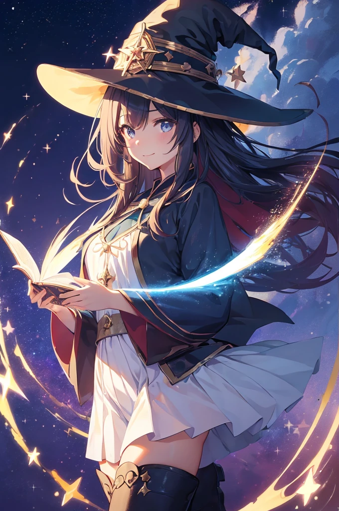 ((magic使いの女の子:1.5)), Upper Body Shot,Perfect Face, Beautiful Face, Highly detailed face,(Long Hair:1.3),(Witch Hat:1.3),boots,Witch's broom,magicの杖,book of magic,Night Sky,たくさんのstar,Shine,smile,Light,magic,月Light,starの粒,star々,月Light,流れstar、Sparkling