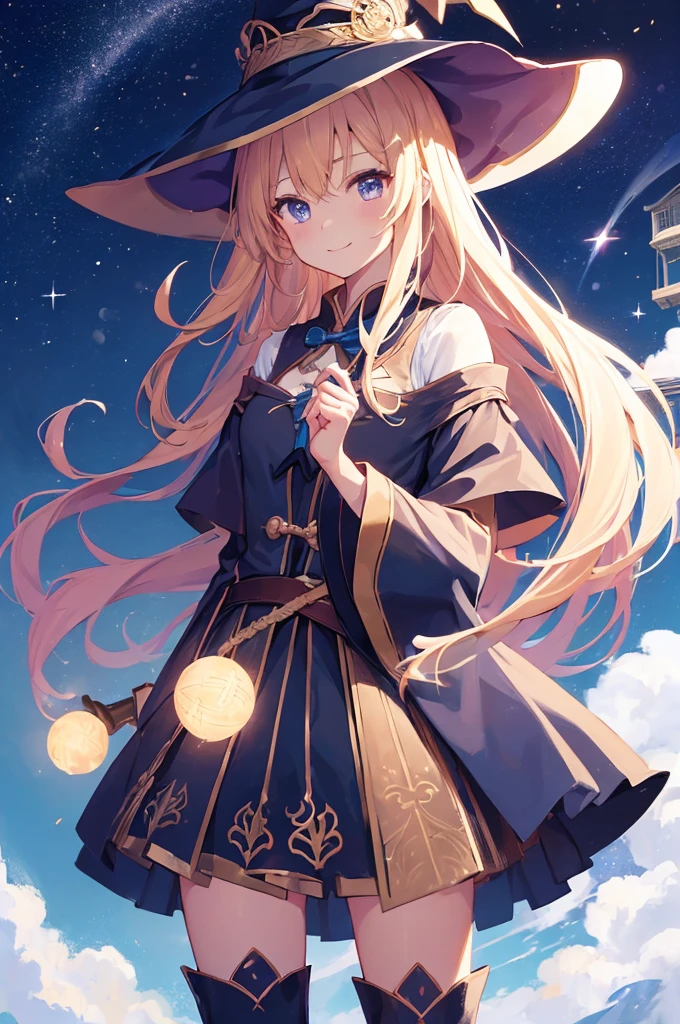 ((magic使いの女の子:1.5)), Upper Body Shot,Perfect Face, Beautiful Face, Highly detailed face,(Long Hair:1.3),(Witch Hat:1.3),boots,Witch's broom,magicの杖,book of magic,Night Sky,たくさんのstar,Shine,smile,Light,magic,月Light,starの粒,star々,月Light,流れstar、Sparkling