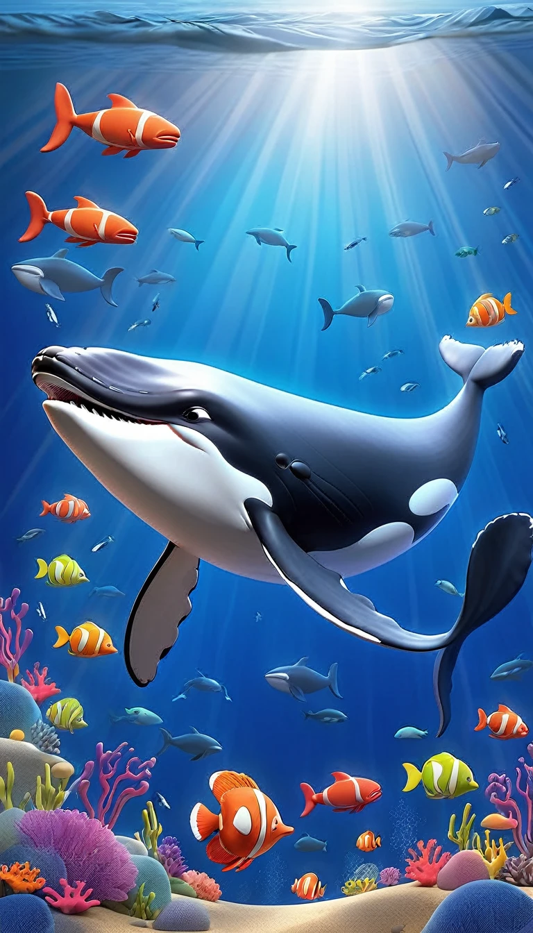Create a 3-D Pixar style art scene for s featuring a humk whale singing with musical notes coming out of its blowhole. The scene should be colorful and vibrant, with an ocean background, coral reefs, and schools of fish. The text 'Whale songs can travel for miles!' should be prominently displayed. The overall mood should be lively and inviting for young childre
